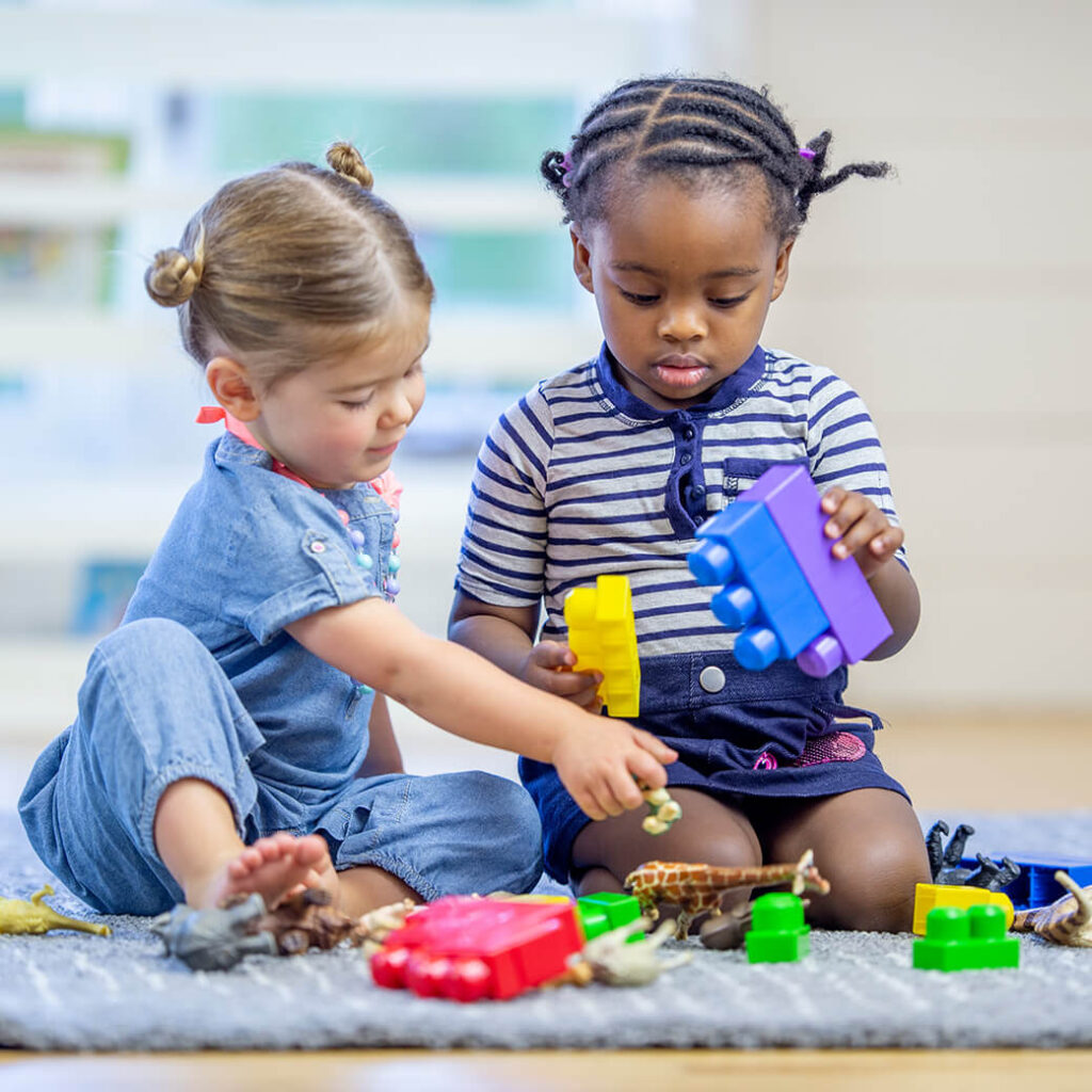 Two young girls sitting on the ground playing with building blocks and dinosaurs.