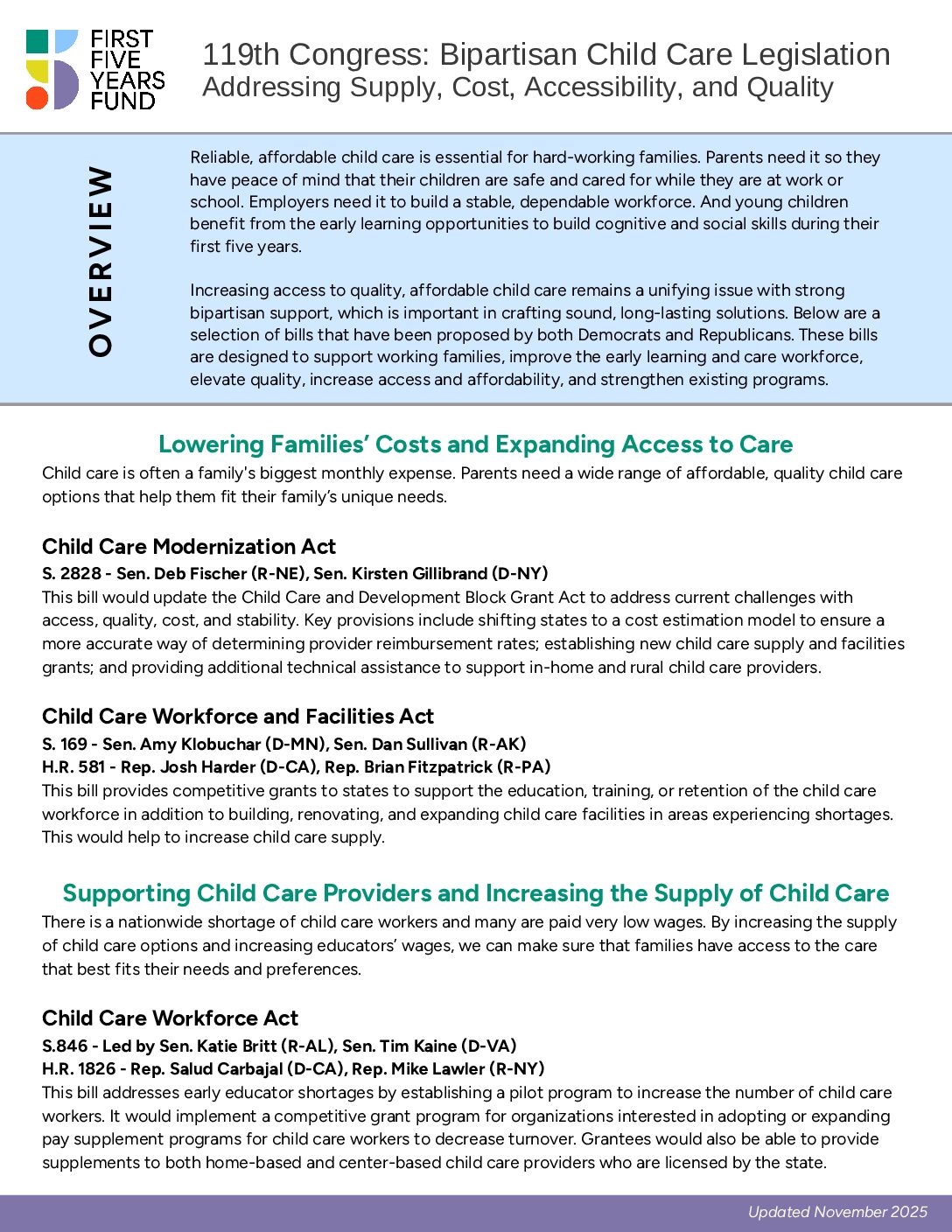 119th Congress: Bipartisan Child Care Legislation in the House and Senate – First Five Years Fund